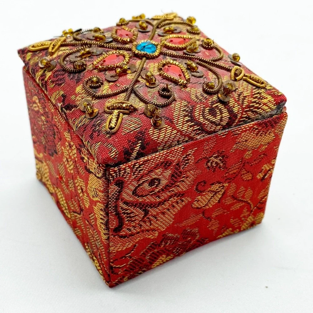 Vintage Boho Red Beaded Floral Fabric Trinket Box